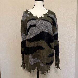 CY Fashion Oversized Distressed Camo Sweater